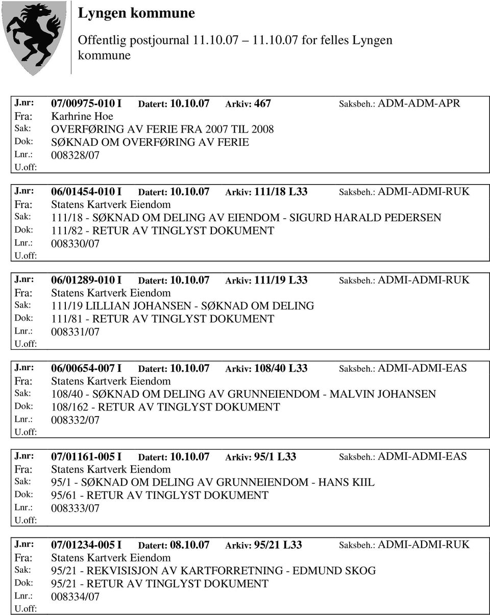 : ADMI-ADMI-RUK Fra: Statens Kartverk Eiendom Sak: 111/18 - SØKNAD OM DELING AV EIENDOM - SIGURD HARALD PEDERSEN Dok: 111/82 - RETUR AV TINGLYST DOKUMENT Lnr.: 008330/07 J.