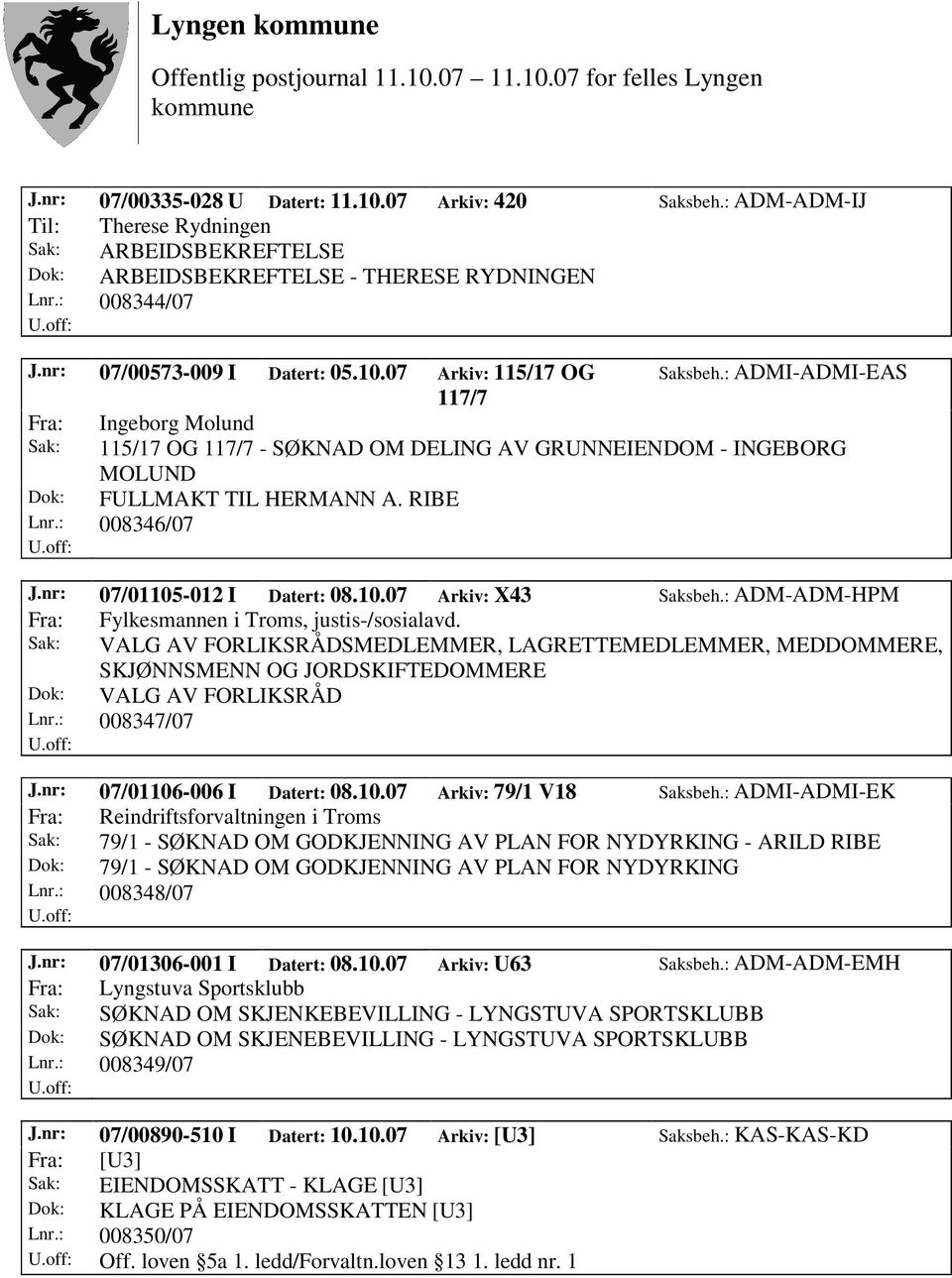 : ADMI-ADMI-EAS 117/7 Fra: Ingeborg Molund Sak: 115/17 OG 117/7 - SØKNAD OM DELING AV GRUNNEIENDOM - INGEBORG MOLUND Dok: FULLMAKT TIL HERMANN A. RIBE Lnr.: 008346/07 J.nr: 07/01105-012 I Datert: 08.