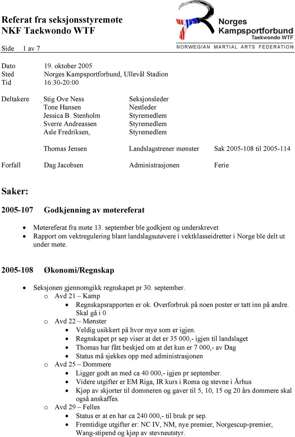 Stenholm Styremedlem Sverre Andreassen Styremedlem Asle Fredriksen, Styremedlem Thomas Jensen Landslagstrener mønster Sak 2005-108 til 2005-114 Forfall Dag Jacobsen Administrasjonen Ferie Saker: