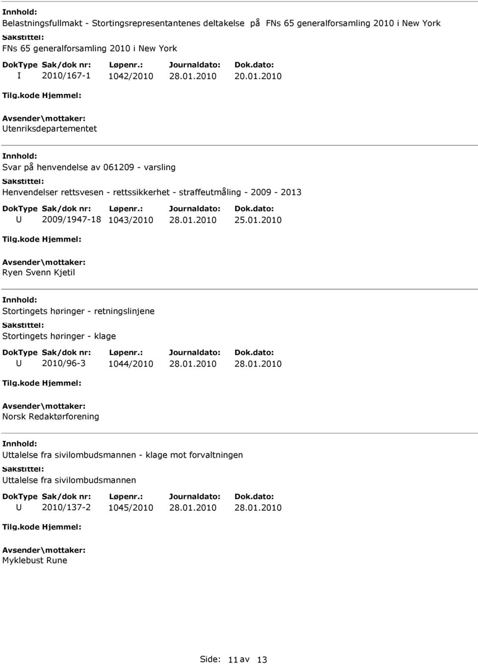 straffeutmåling - 2009-2013 2009/1947-18 1043/2010 Ryen Svenn Kjetil Stortingets høringer - retningslinjene Stortingets høringer - klage 2010/96-3