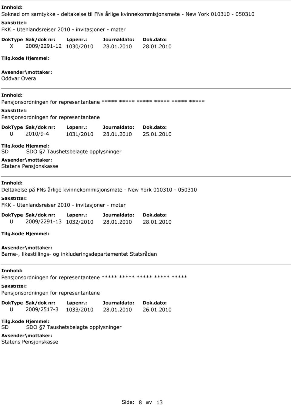 kode SD Hjemmel: SDO 7 Taushetsbelagte opplysninger Statens Pensjonskasse Deltakelse på FNs årlige kvinnekommisjonsmøte - New York 010310-050310 FKK - tenlandsreiser 2010 - invitasjoner - møter