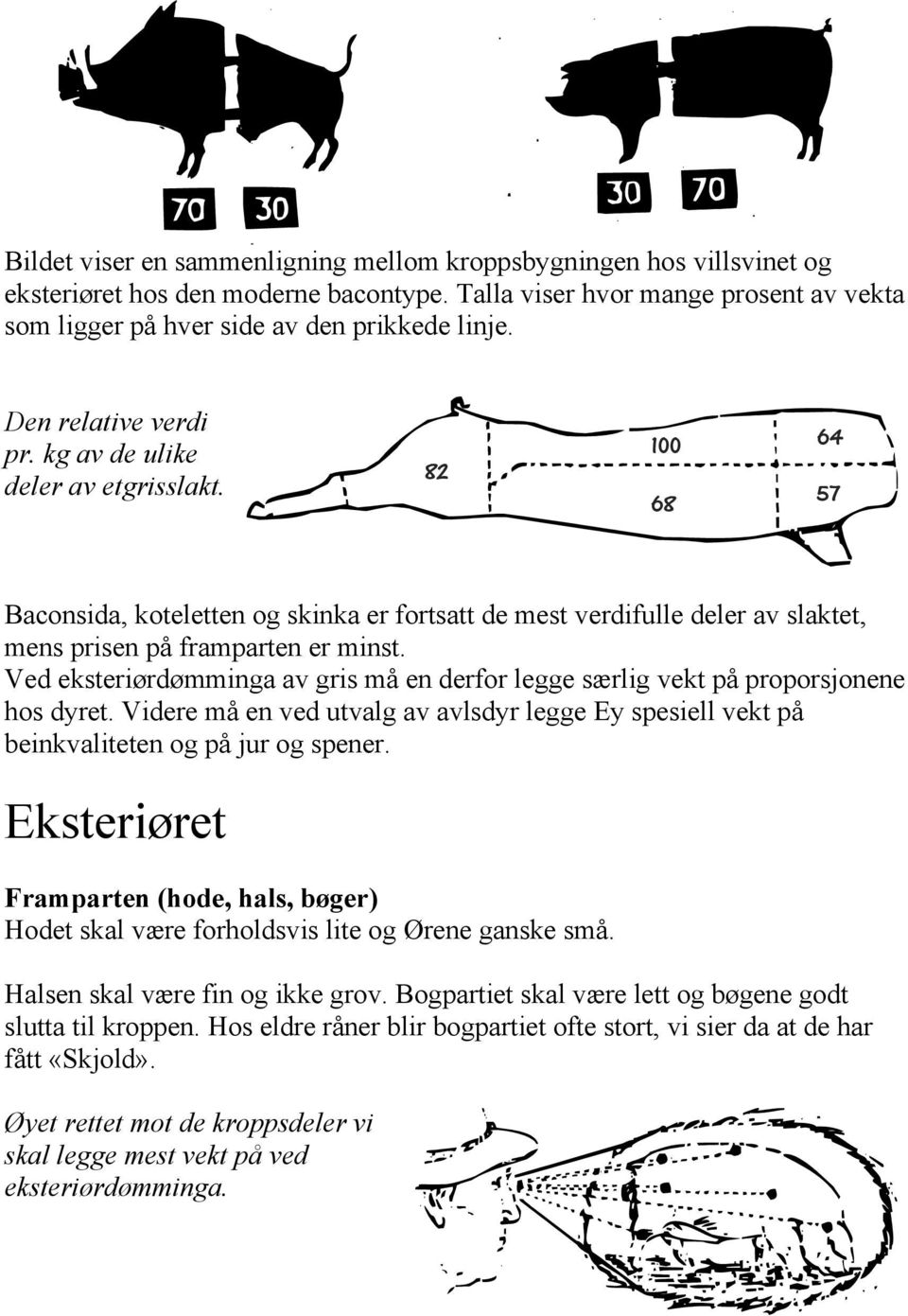 Ved eksteriørdømminga av gris må en derfor legge særlig vekt på proporsjonene hos dyret. Videre må en ved utvalg av avlsdyr legge Ey spesiell vekt på beinkvaliteten og på jur og spener.