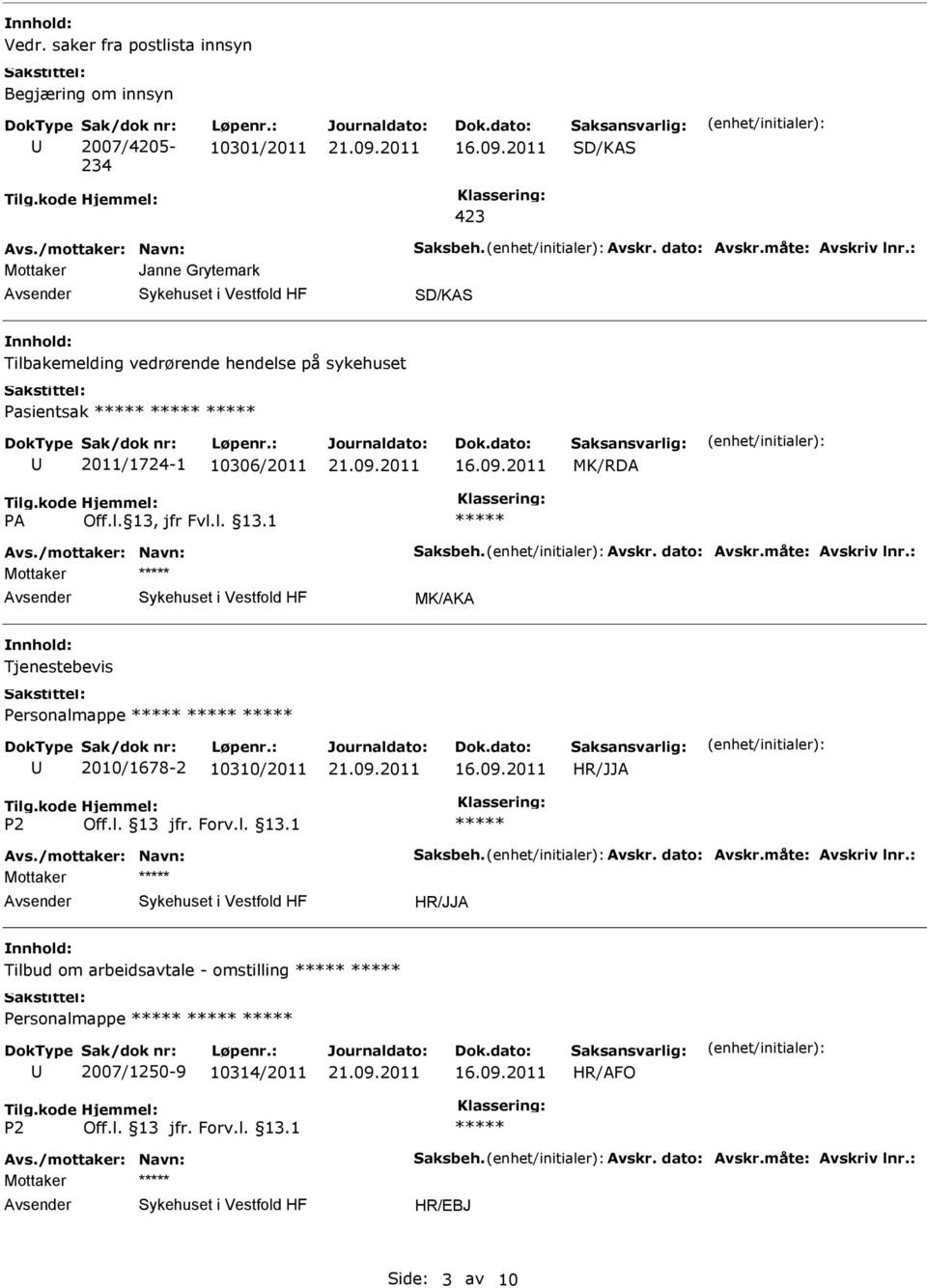 måte: Avskriv lnr.: Mottaker MK/AKA Tjenestebevis Personalmappe 2010/1678-2 10310/2011 HR/JJA Avs./mottaker: Navn: Saksbeh. Avskr. dato: Avskr.måte: Avskriv lnr.: Mottaker HR/JJA Tilbud om arbeidsavtale - omstilling Personalmappe 2007/1250-9 10314/2011 HR/AFO Avs.