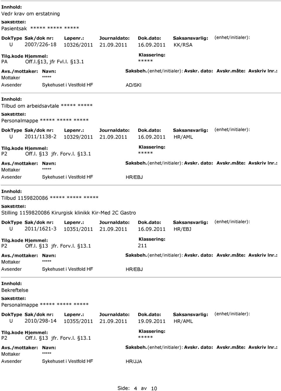 : Mottaker Tilbud 1159820086 Stilling 1159820086 Kirurgisk klinikk Kir-Med 2C Gastro 2011/1621-3 10351/2011 211 Avs./mottaker: Navn: Saksbeh. Avskr.