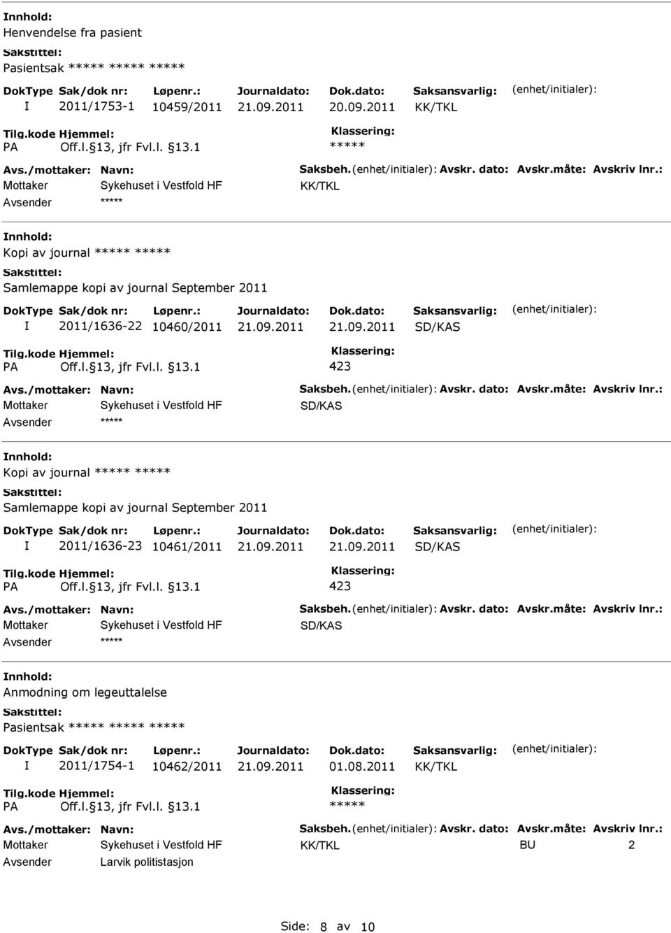 måte: Avskriv lnr.: Mottaker Kopi av journal Samlemappe kopi av journal September 2011 2011/1636-23 10461/2011 423 Avs./mottaker: Navn: Saksbeh. Avskr. dato: Avskr.