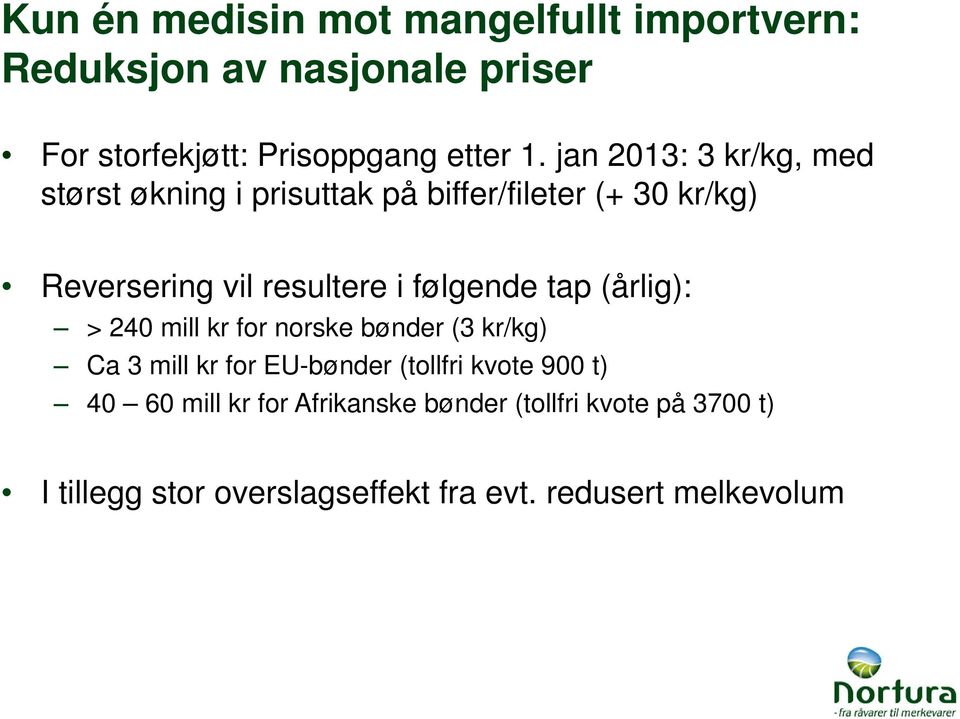 følgende tap (årlig): > 240 mill kr for norske bønder (3 kr/kg) Ca 3 mill kr for EU-bønder (tollfri kvote 900 t)