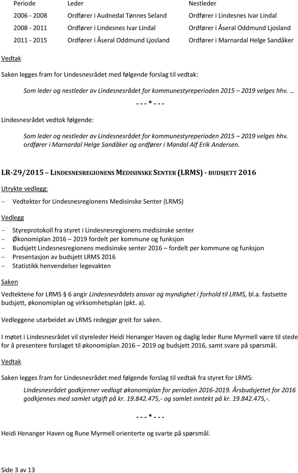 velges hhv. Lindesnesrådet vedtok følgende: Som leder og nestleder av Lindesnesrådet for kommunestyreperioden 2015 2019 velges hhv.