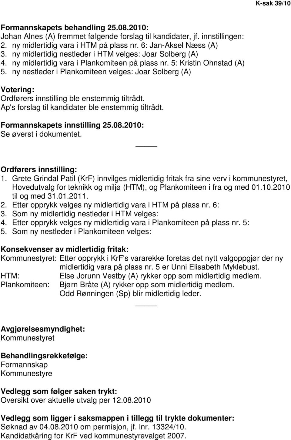 ny nestleder i Plankomiteen velges: Joar Solberg (A) Votering: Ordførers innstilling ble enstemmig tiltrådt. Ap's forslag til kandidater ble enstemmig tiltrådt. Formannskapets innstilling 25.08.