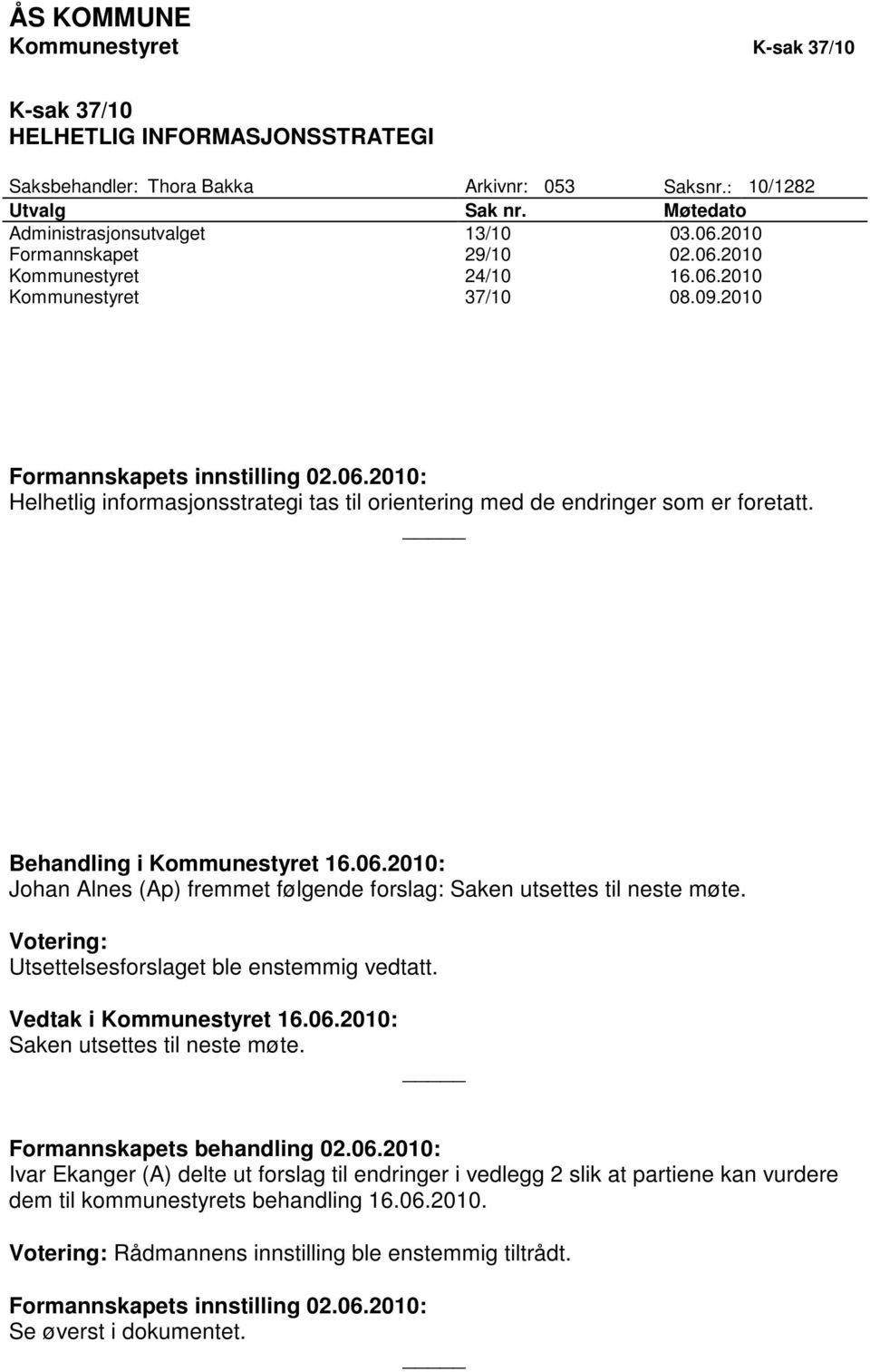 Behandling i Kommunestyret 16.06.2010: Johan Alnes (Ap) fremmet følgende forslag: Saken utsettes til neste møte. Votering: Utsettelsesforslaget ble enstemmig vedtatt. Vedtak i Kommunestyret 16.06.2010: Saken utsettes til neste møte.