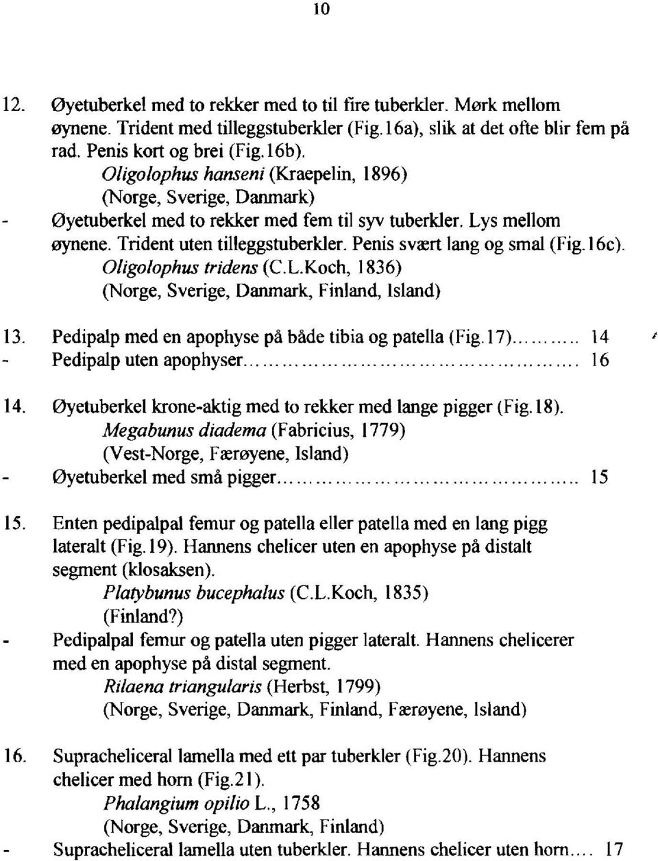 16c). Oligolophus tridens (C.L.Koch, 1836) (Norge, Sverige, Danrnark, Finland, lsland) 13. Pedipalp med en apophyse pã bãde tibia og patel1a (Fig. 17).., 14 Pedipalp uten apophyser............................................. 16 14.