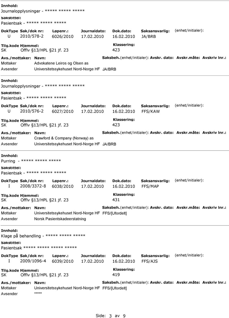 måte: Avskriv lnr.: Mottaker Crawford & Company (Norway) as niversitetssykehuset Nord-Norge HF JA/BRB Purring - ***** ***** ***** 2008/3372-8 6038/2010 FFS/MAP 431 Avs./mottaker: Navn: Saksbeh. Avskr. dato: Avskr.