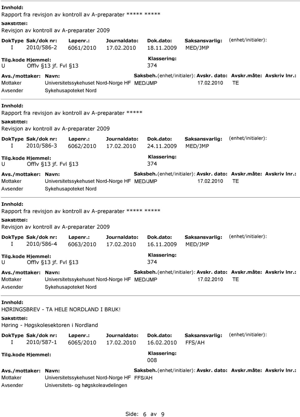 : Mottaker niversitetssykehuset Nord-Norge HF MED/JMP TE Sykehusapoteket Nord Rapport fra revisjon av kontroll av A-preparater ***** Revisjon av kontroll av A-preparater 2009 2010/586-3 6062/2010 24.