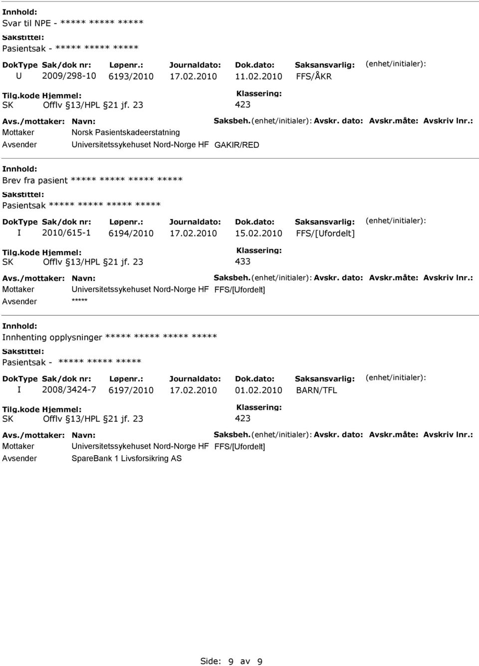 02.2010 FFS/[fordelt] 433 Avs./mottaker: Navn: Saksbeh. Avskr. dato: Avskr.måte: Avskriv lnr.