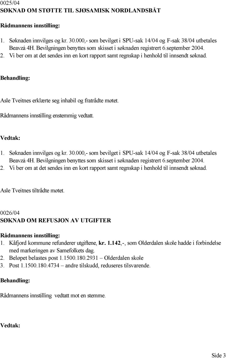 Asle Tveitnes erklærte seg inhabil og fratrådte møtet. Rådmannens innstilling enstemmig vedtatt. 1. Søknaden innvilges og kr. 30.000,- som bevilget i SPU-sak 14/04 og F-sak 38/04 utbetales Beavzá 4H.