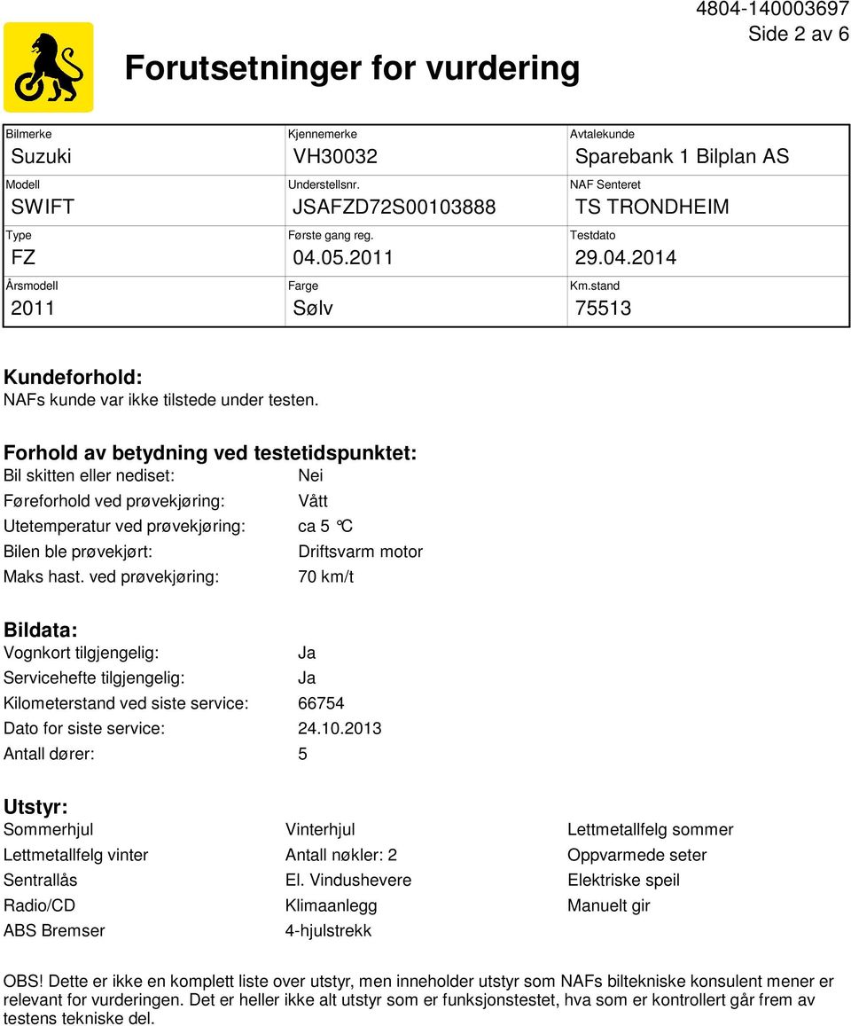 Forhold av betydning ved testetidspunktet: Bil skitten eller nediset: Nei Føreforhold ved prøvekjøring: Vått Utetemperatur ved prøvekjøring: ca 5 C Bilen ble prøvekjørt: Maks hast.