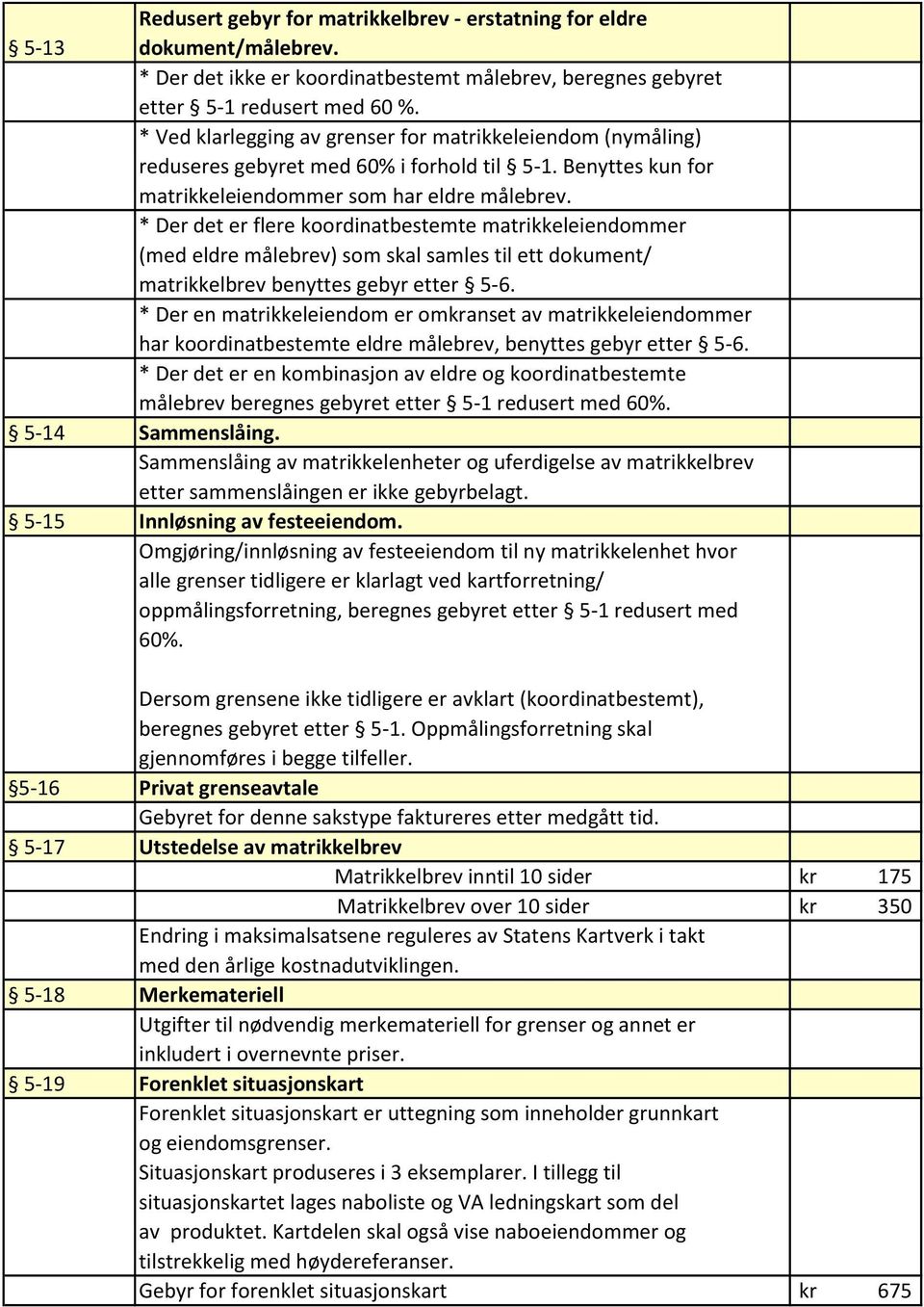 * Der det er flere koordinatbestemte matrikkeleiendommer (med eldre målebrev) som skal samles til ett dokument/ matrikkelbrev benyttes gebyr etter 5-6.