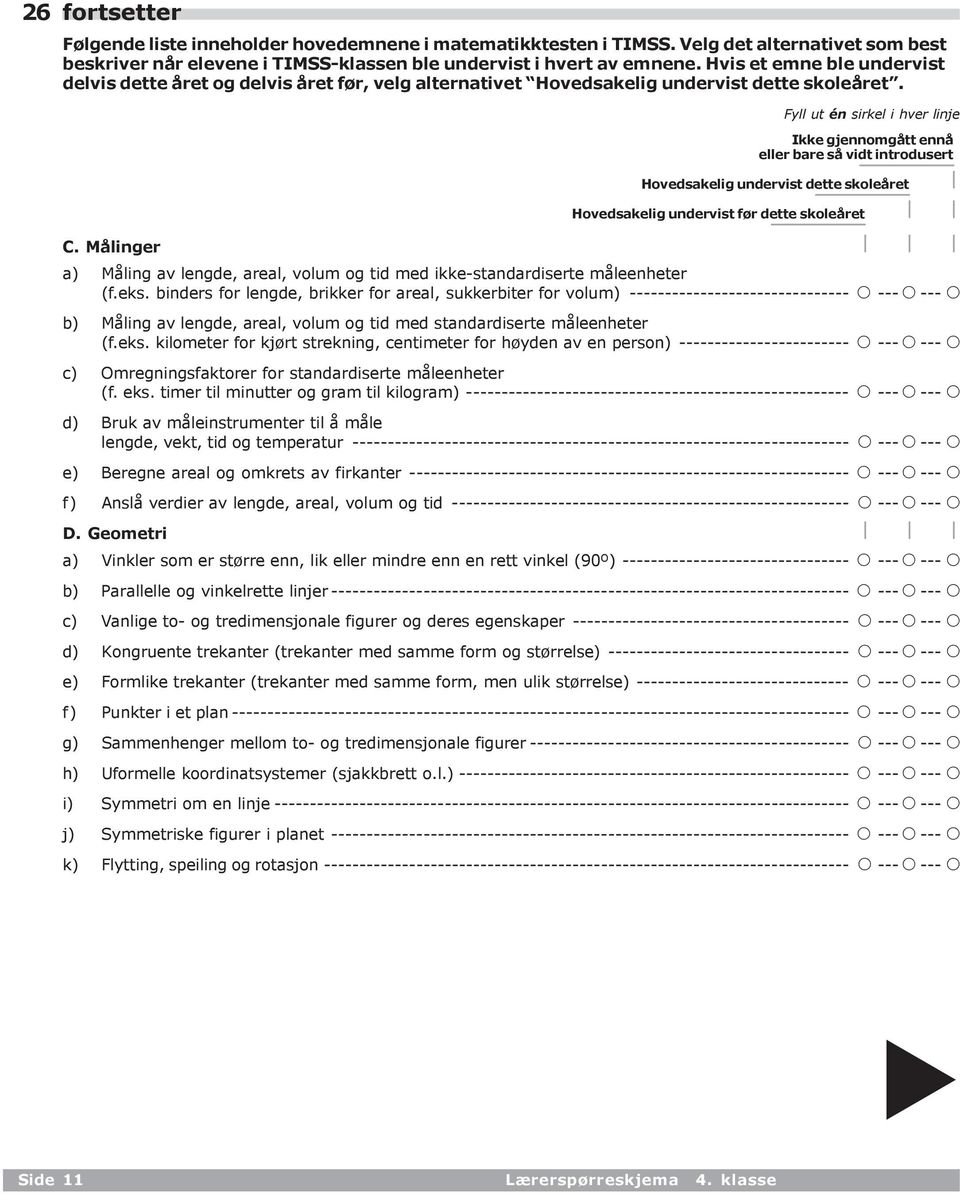 Ikke gjennomgått ennå eller bare så vidt introdusert Hovedsakelig undervist dette skoleåret Hovedsakelig undervist før dette skoleåret C.