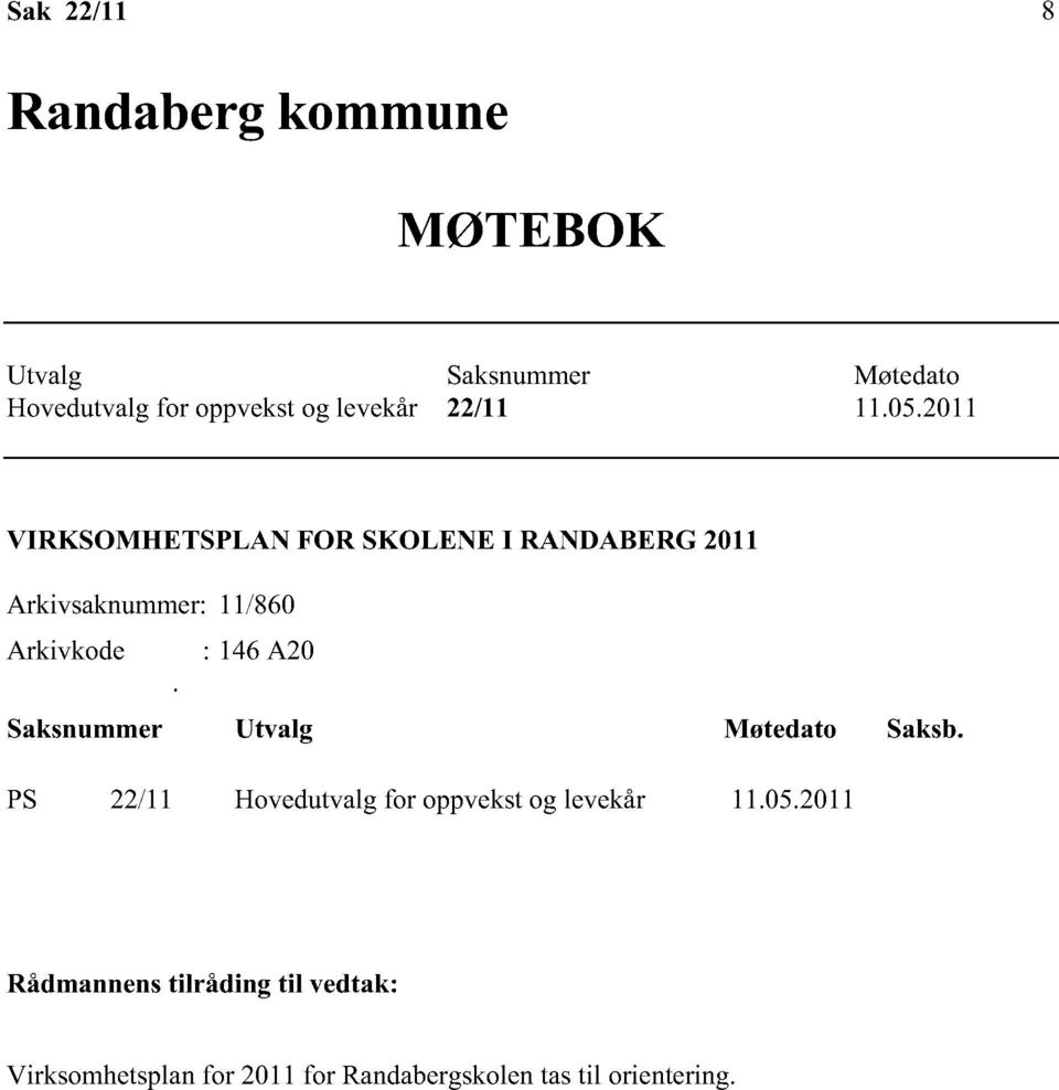 2011 VIRKSOMHETSPLAN FOR SKOLENE I RANDABERG 2011 Arkivsaknummer: 11/860 Arkivkode : 146 A20.