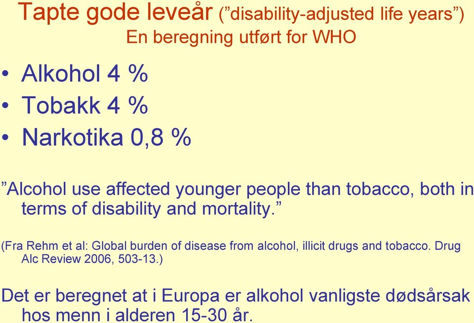 mortality. (Fra Rehm et al: Global burden of disease from alcohol, illicit drugs and tobacco.