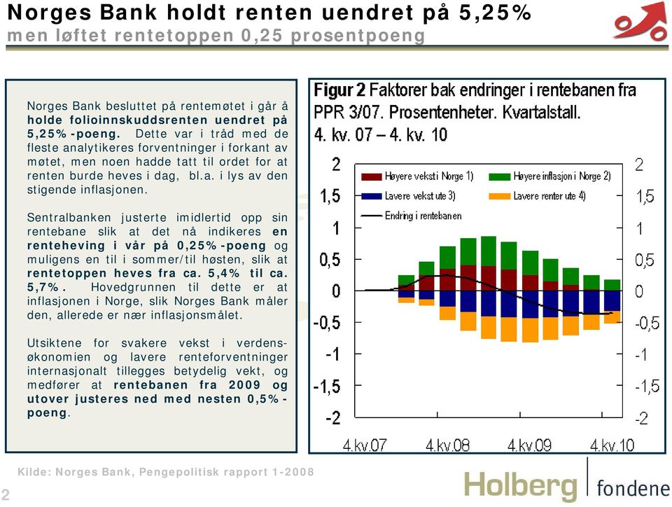 Sentralbanken justerte imidlertid opp sin rentebane slik at det nå indikeres en renteheving i vår på 0,25-poeng og muligens en til i sommer/til høsten, slik at rentetoppen heves fra ca. 5,4 til ca.