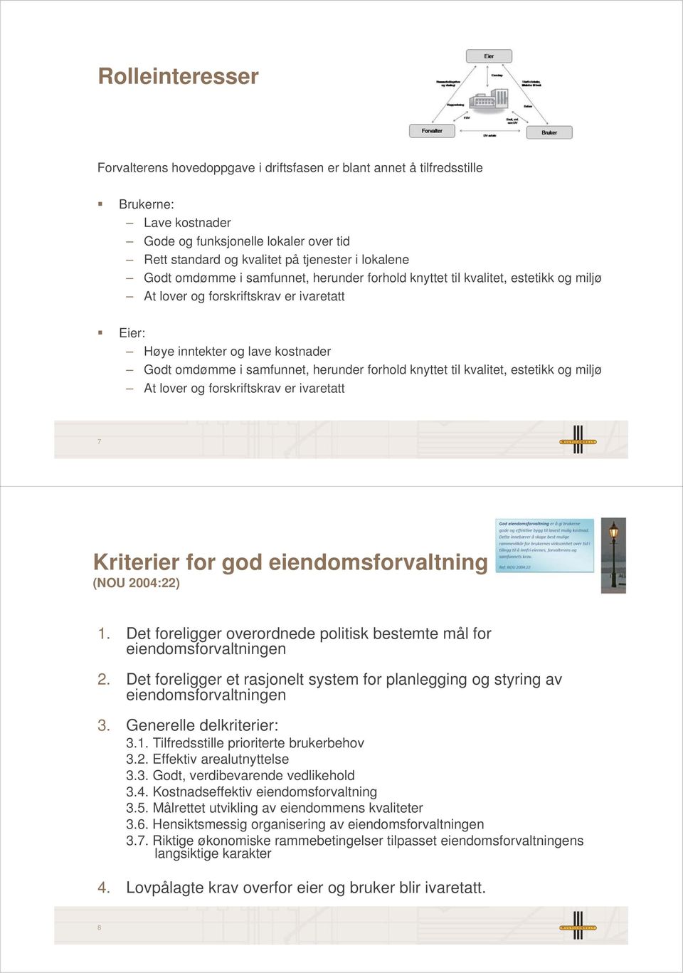 herunder forhold knyttet til kvalitet, estetikk og miljø At lover og forskriftskrav er ivaretatt 7 Kriterier for god eiendomsforvaltning (NOU 2004:22) 1.