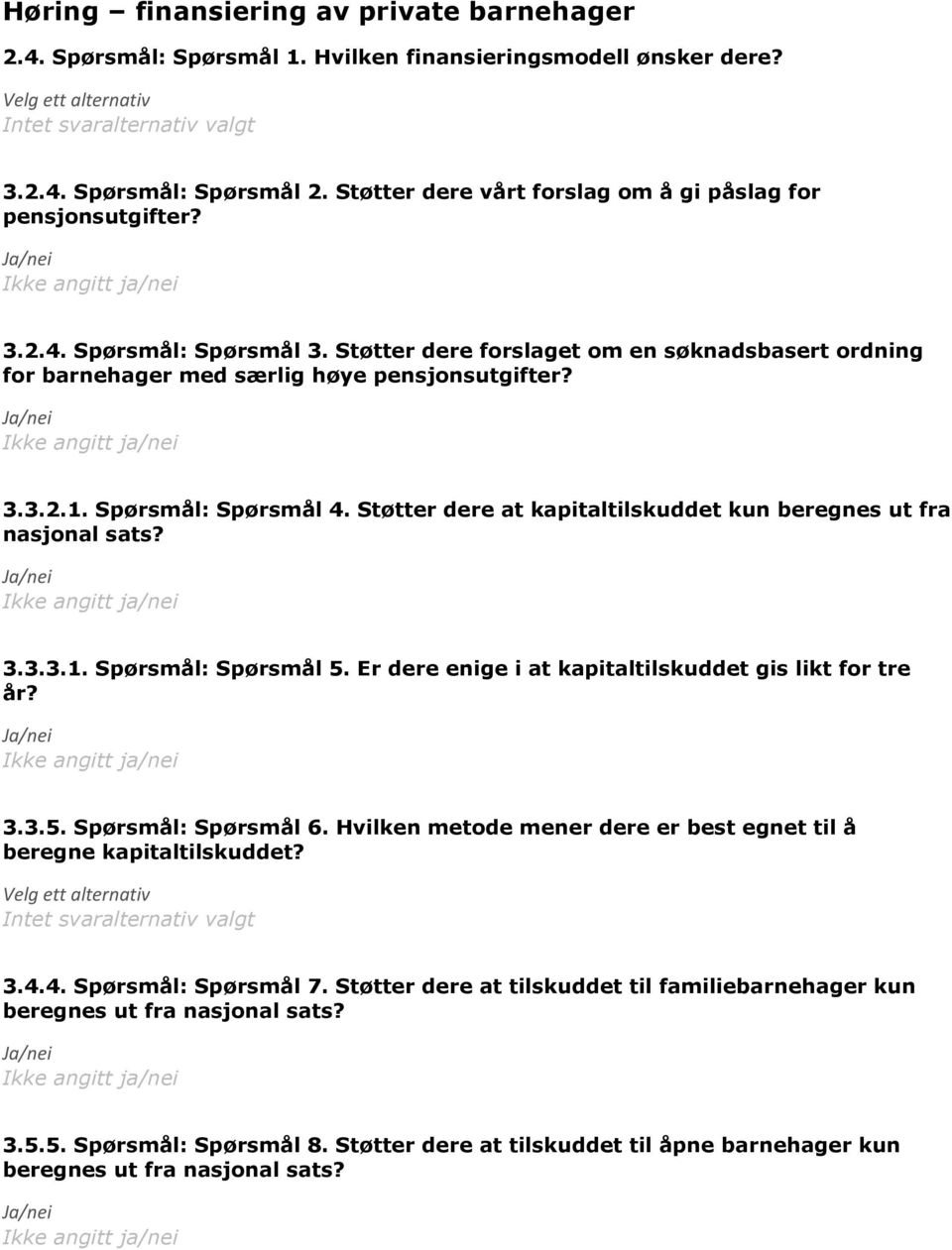 Spørsmål: Spørsmål 4. Støtter dere at kapitaltilskuddet kun beregnes ut fra nasjonal sats? 3.3.3.1. Spørsmål: Spørsmål 5. Er dere enige i at kapitaltilskuddet gis likt for tre år? 3.3.5. Spørsmål: Spørsmål 6.