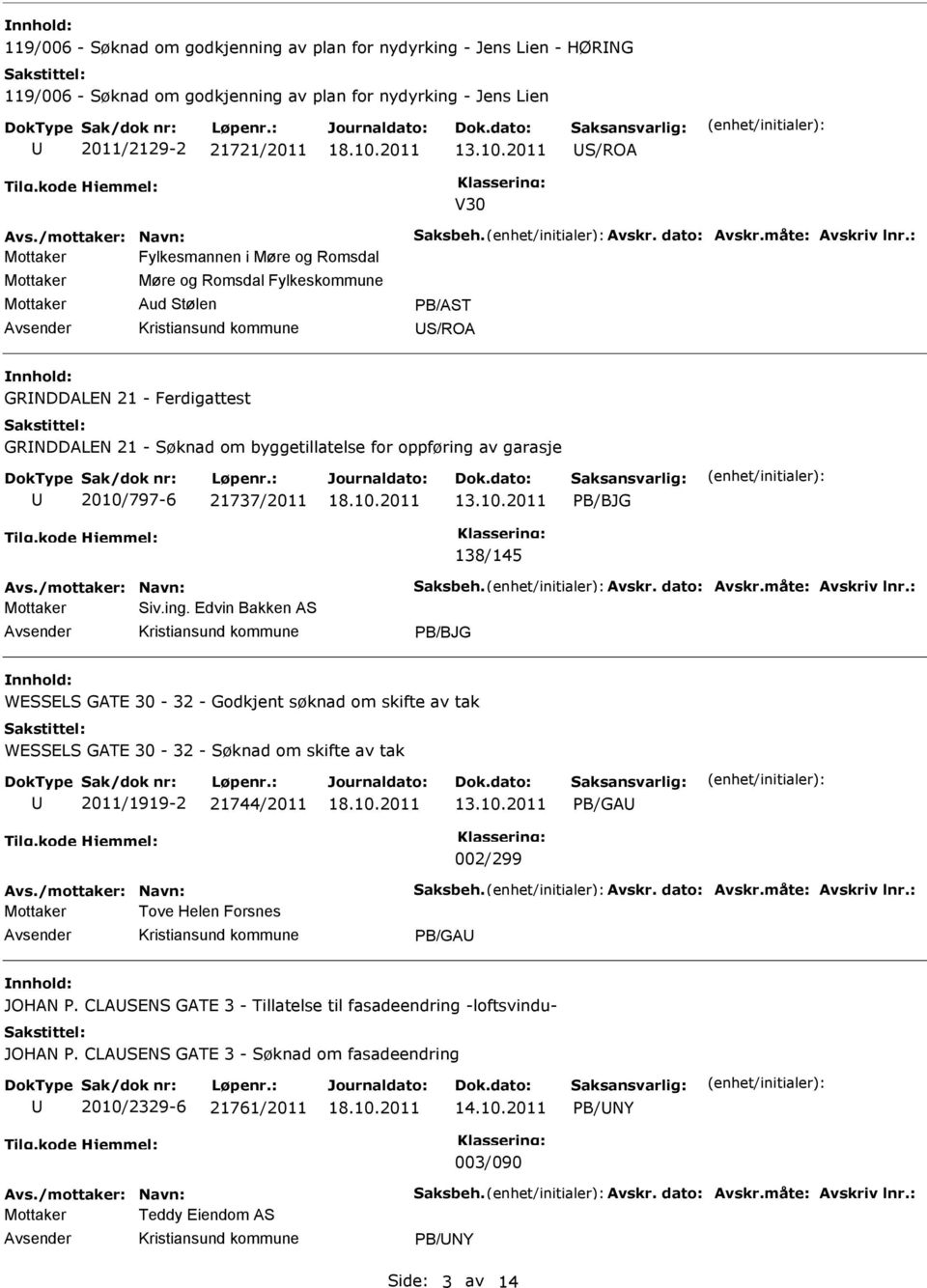 : Mottaker Fylkesmannen i Møre og Romsdal Mottaker Mottaker Møre og Romsdal Fylkeskommune Aud Stølen PB/AST S/ROA GRNDDALN 21 - Ferdigattest GRNDDALN 21 - Søknad om byggetillatelse for oppføring av