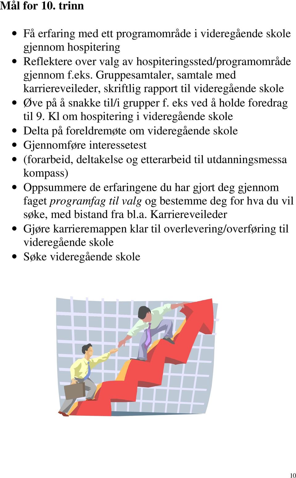 Kl om hospitering i videregående skole Delta på foreldremøte om videregående skole Gjennomføre interessetest (forarbeid, deltakelse og etterarbeid til utdanningsmessa kompass) Oppsummere