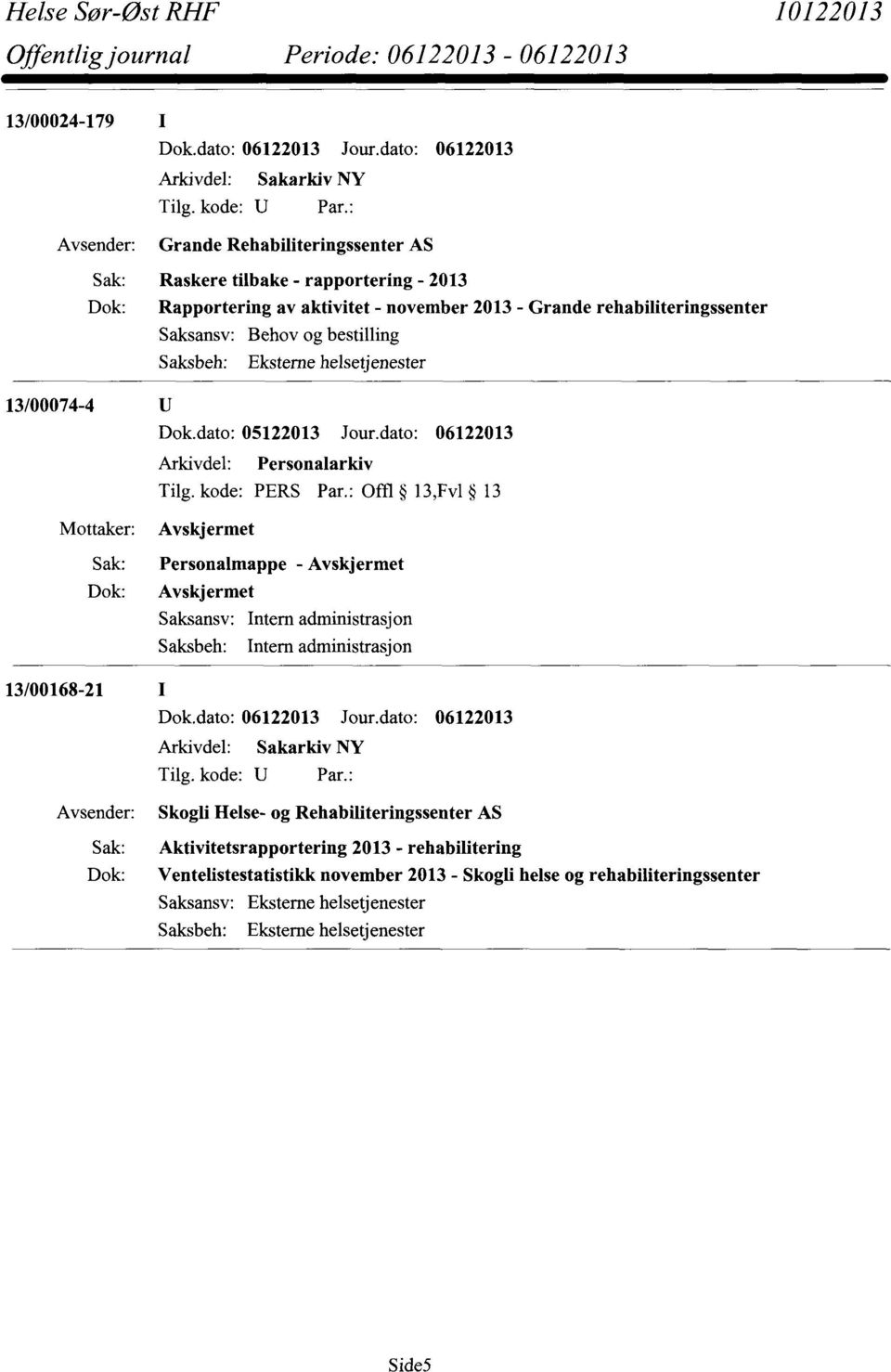 : Offl 13,Fv1 13 Avskjermet Personalmappe - Avskjermet Avskj ermet Saksansv: Intem administrasjon Saksbeh: Intern administrasjon 13/00168-21 Skogli Helse- og