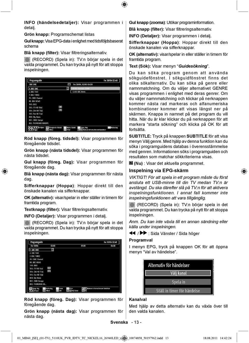 Grön knapp (nästa tidsdel): Visar programmen för nästa tidsdel. Gul knapp (föreg. Dag): Visar programmen för föregående dag. Blå knapp (nästa dag): Visar programmen för nästa dag.