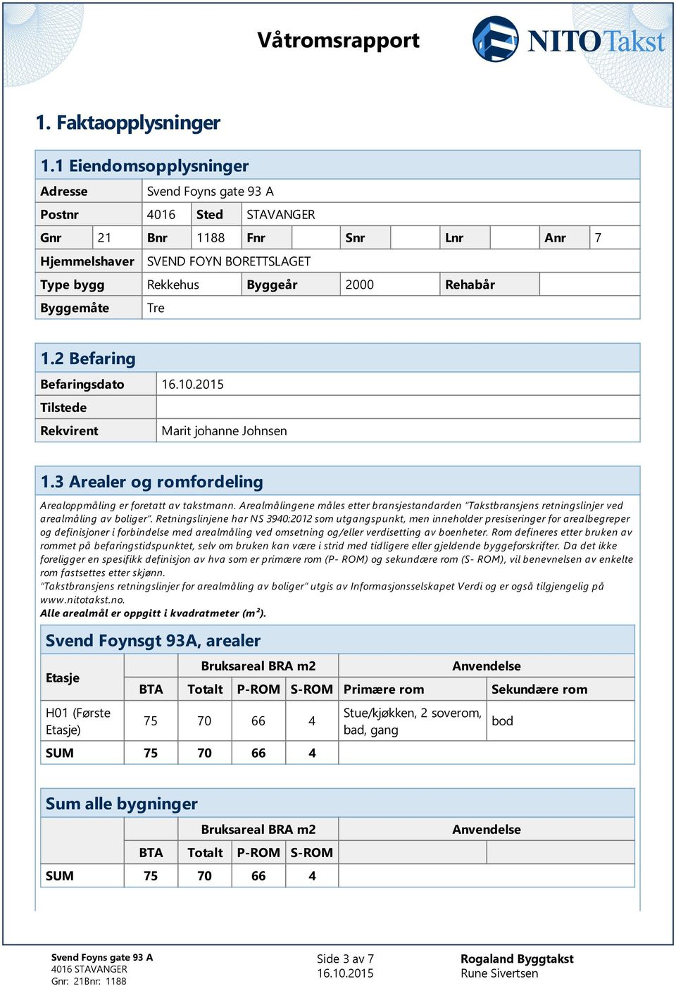 Byggemåte Tre 1.2 Befaring Befaringsdato Tilstede Rekvirent Marit johanne Johnsen 1.3 Arealer og romfordeling Arealoppmåling er foretatt av takstmann.