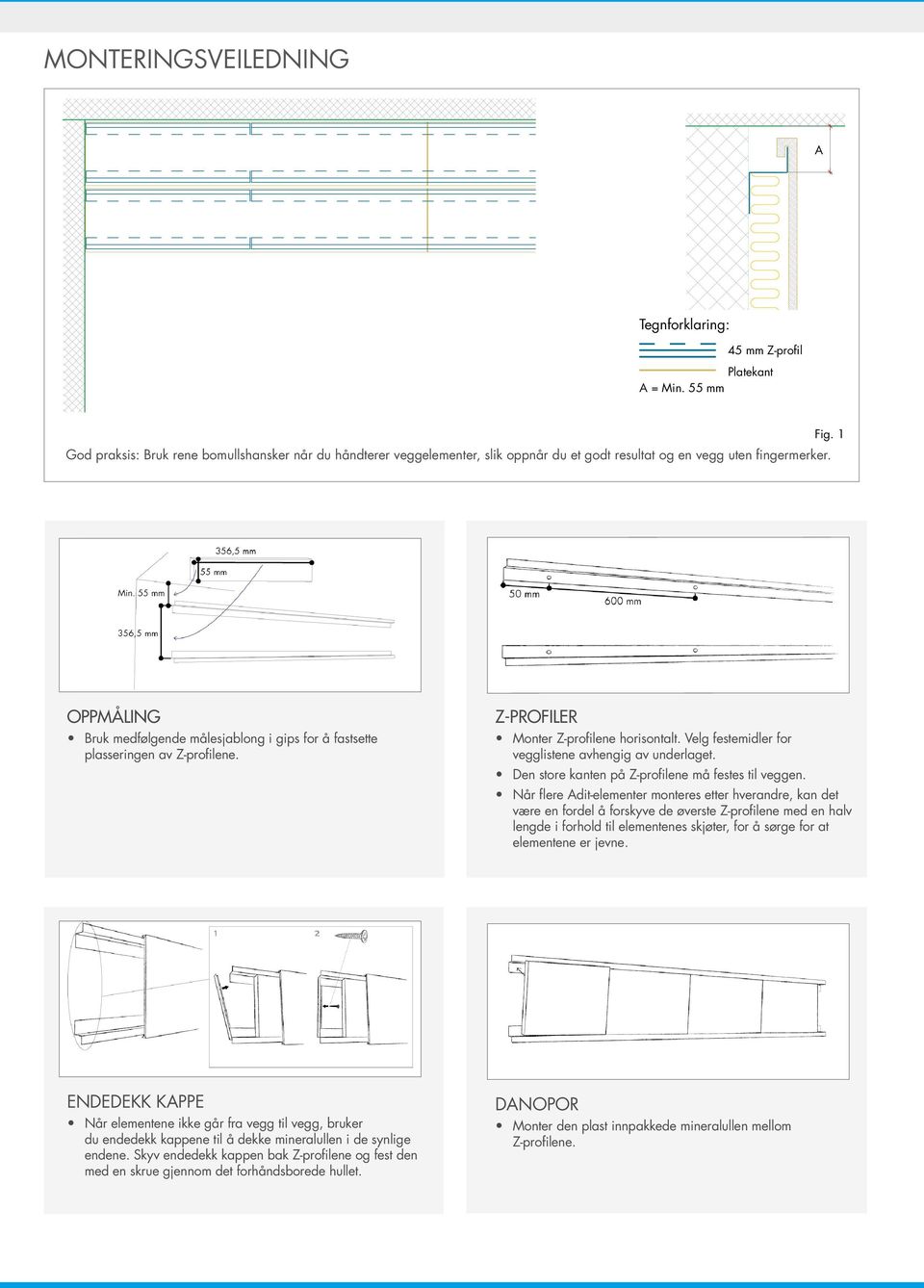 OPPMÅLING Bruk medfølgende målesjablong i gips for å fastsette plasseringen av Z-profilene. Z-PROFILER Monter Z-profilene horisontalt. Velg festemidler for vegglistene avhengig av underlaget.