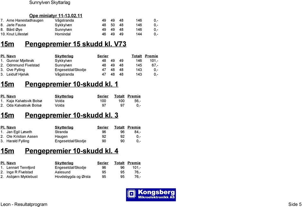 Ove Fylling Engesetdal/Skodje 47 48 48 143 0,- 3. Leidulf Hjelvik Vågstranda 47 48 48 143 0,- Pengepremier 10-skudd kl. 1 1. Kaja Kalvatsvik Bolsø Volda 100 100 56,- 2.