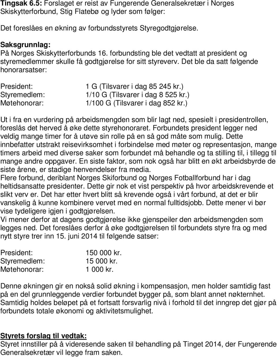 Det ble da satt følgende honorarsatser: President: Styremedlem: Møtehonorar: 1 G (Tilsvarer i dag 85 245 kr.) 1/10 G (Tilsvarer i dag 8 525 kr.) 1/100 G (Tilsvarer i dag 852 kr.