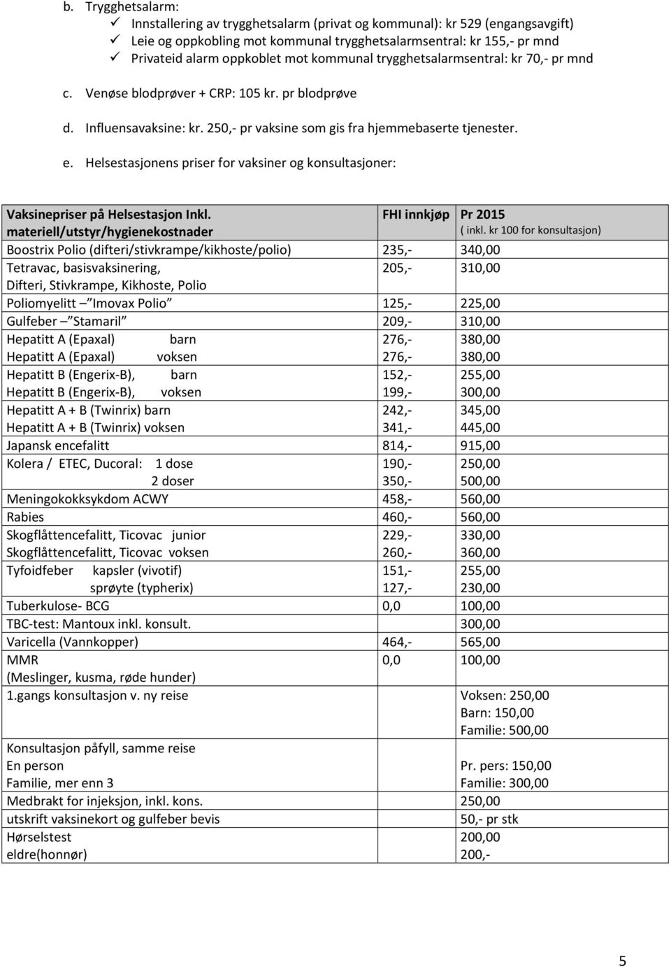 Helsestasjonens priser for vaksiner og konsultasjoner: Vaksinepriser på Helsestasjon Inkl. materiell/utstyr/hygienekostnader FHI innkjøp Pr 2015 ( inkl.