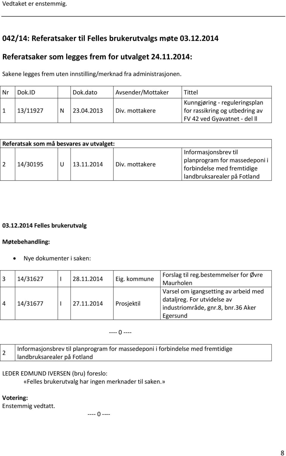 mottakere Kunngjøring reguleringsplan for rassikring og utbedring av FV 42 ved Gyavatnet del ll Referatsak som må besvares av utvalget: 2 14/30195 U 13.11.2014 Div.
