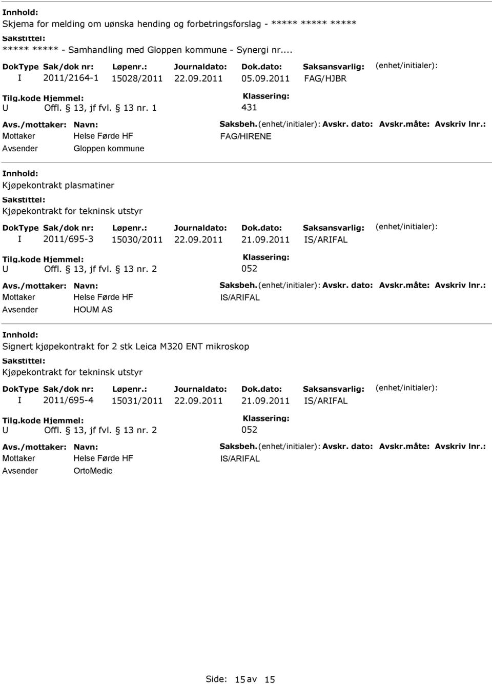 2011 431 FAG/HRENE Gloppen kommune Kjøpekontrakt plasmatiner Kjøpekontrakt for tekninsk utstyr 2011/695-3 15030/2011