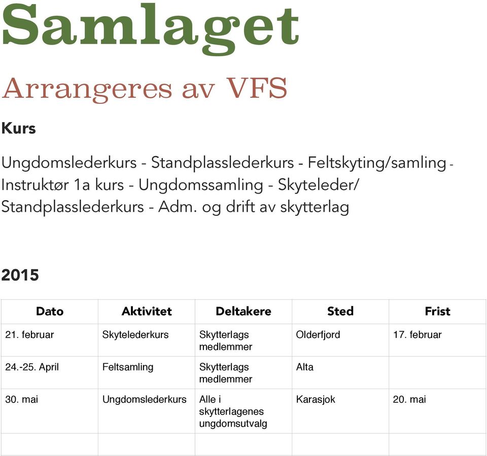 og drift av skytterlag 2015 Dato Aktivitet Deltakere Sted Frist 21.