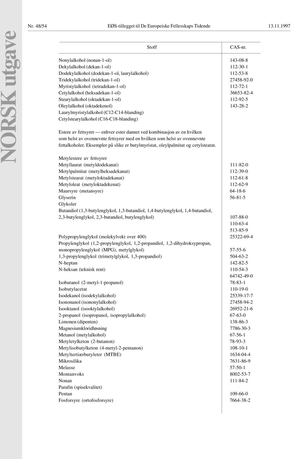 Myristylalkohol (tetradekan-1-ol) 112-72-1 Cetylalkohol (heksadekan-1-ol) 36653-82-4 Stearylalkohol (oktadekan-1-ol) 112-92-5 Oleylalkohol (oktadekenol) 143-28-2 Laurylmyristylalkohol