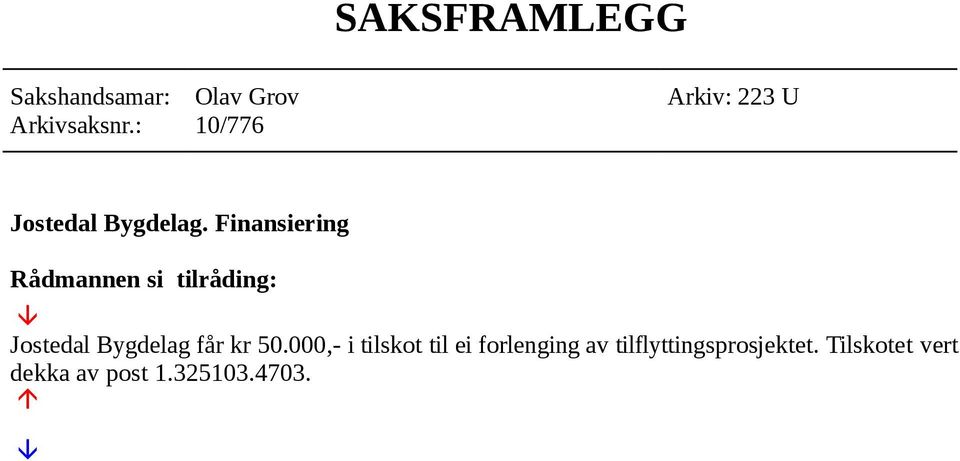 Finansiering Rådmannen si tilråding: Jostedal Bygdelag får kr 50.