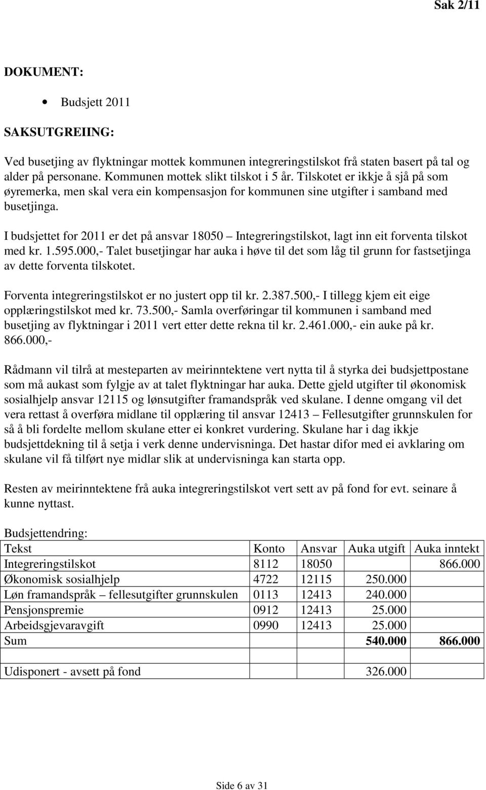 I budsjettet for 2011 er det på ansvar 18050 Integreringstilskot, lagt inn eit forventa tilskot med kr. 1.595.