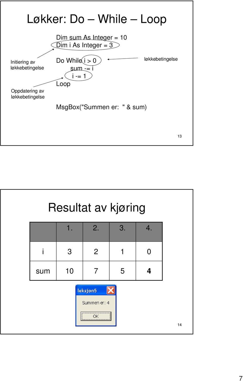 sum -= i i -= 1 Loop MsgBox("Summen er: " & sum) 13