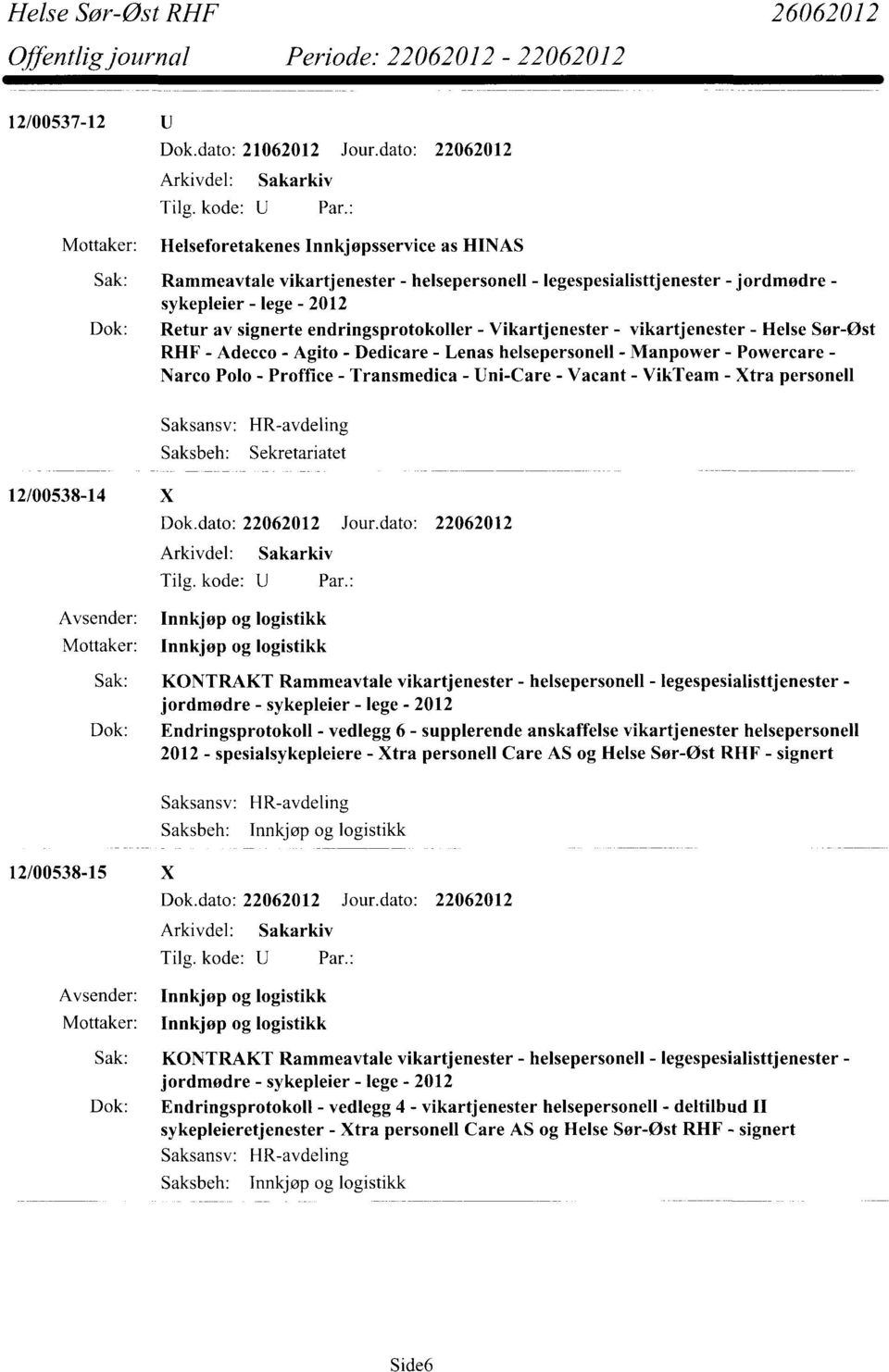 helsepersonell - Manpower - Powercare - Narco Polo - Proffice - Transmedica - Uni-Care - Vacant - VikTeam - Xtra personell Sekretariatet 12/00538-14 X 2012 - spesialsykepleiere - Xtra personell