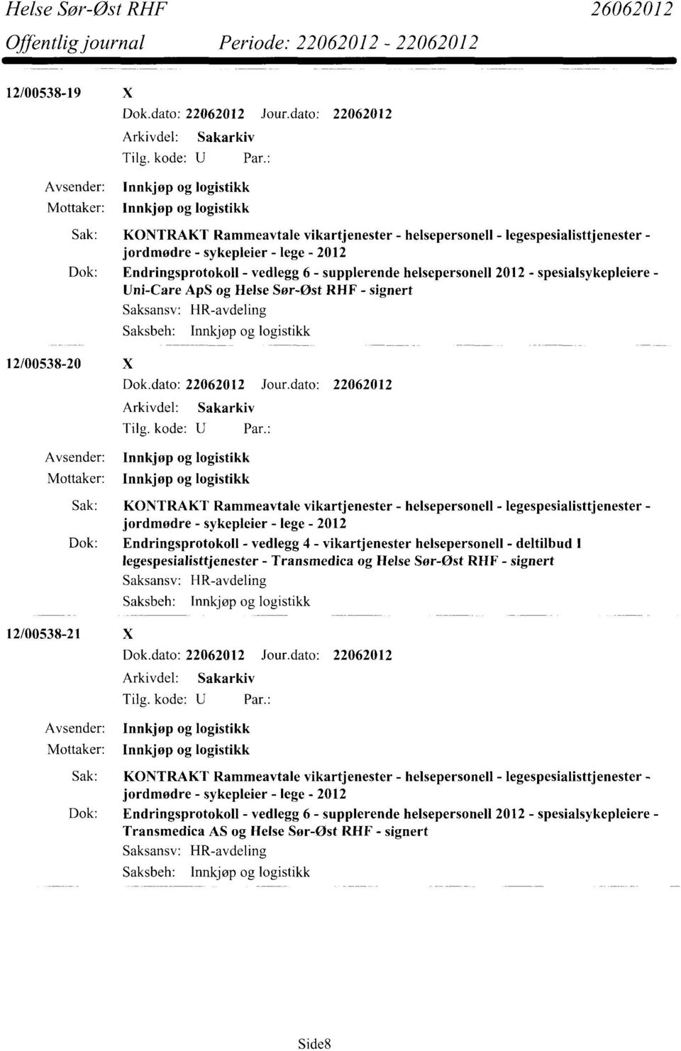 vikartjenester helsepersonell - deltilbud I legespesialisttjenester - Transmedica og Helse Sør-Øst RHF - signert 12/00538-21 X