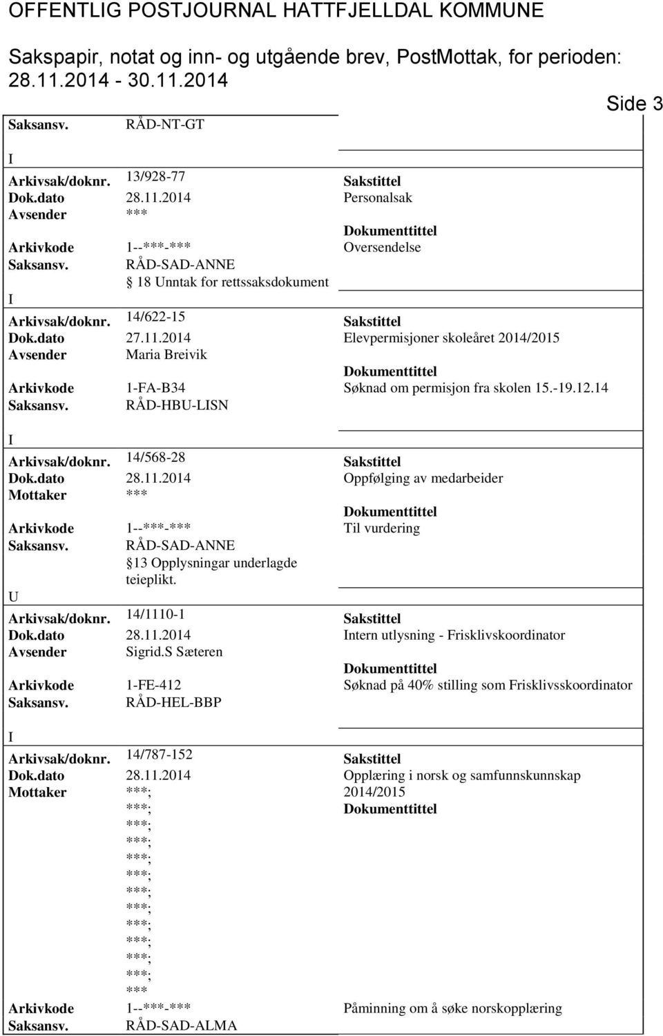 2014 Elevpermisjoner skoleåret Avsender Maria Breivik Arkivkode 1-FA-B34 øknad om permisjon fra skolen 15.-19.12.14 aksansv. RÅD-HB-LN Arkivsak/doknr. 14/568-28 akstittel Dok.dato 28.11.