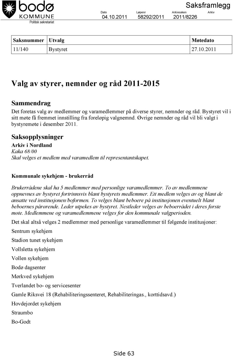 2011 Valg av styrer, nemnder og råd 2011-2015 Sammendrag Det foretas valg av medlemmer og varamedlemmer på diverse styrer, nemnder og råd.