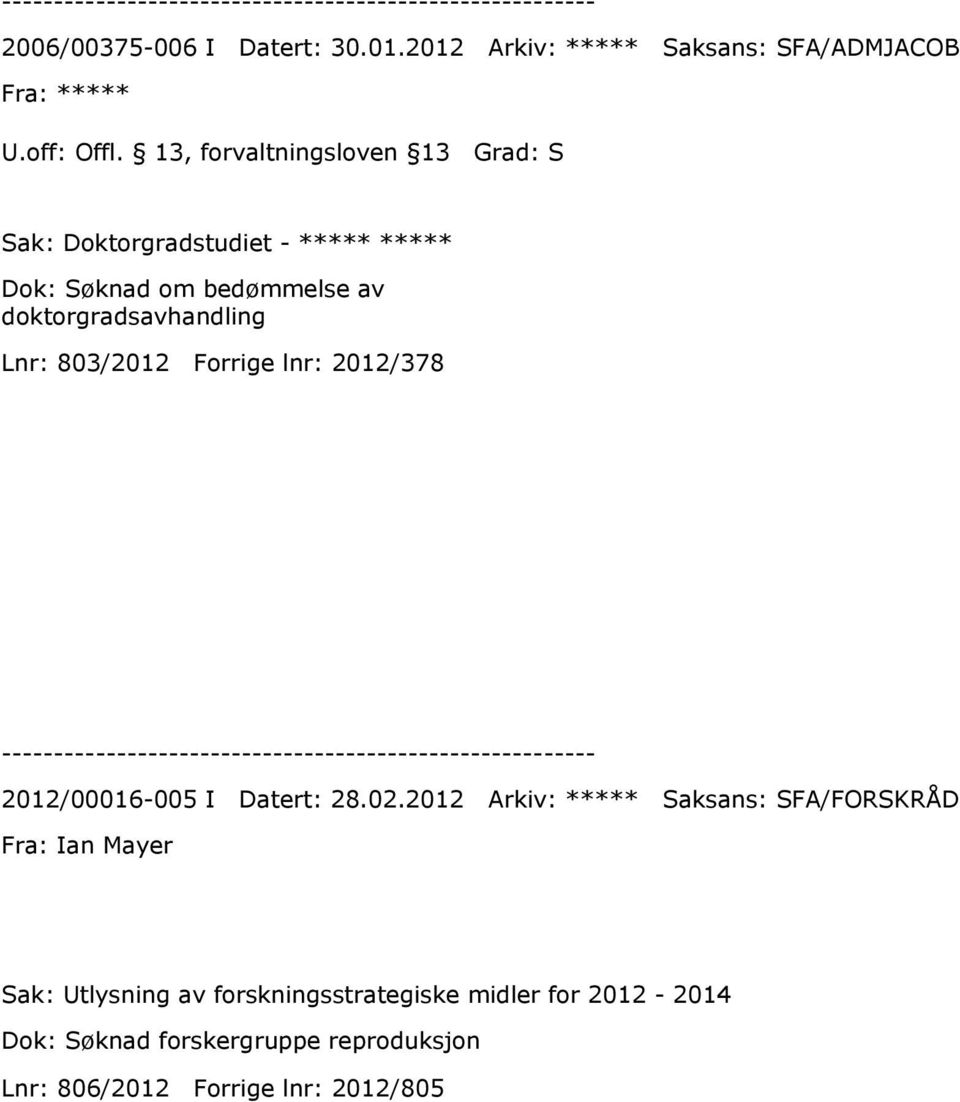 Dok: Søknad om bedømmelse av doktorgradsavhandling Lnr: 803/2012 Forrige lnr: 2012/378