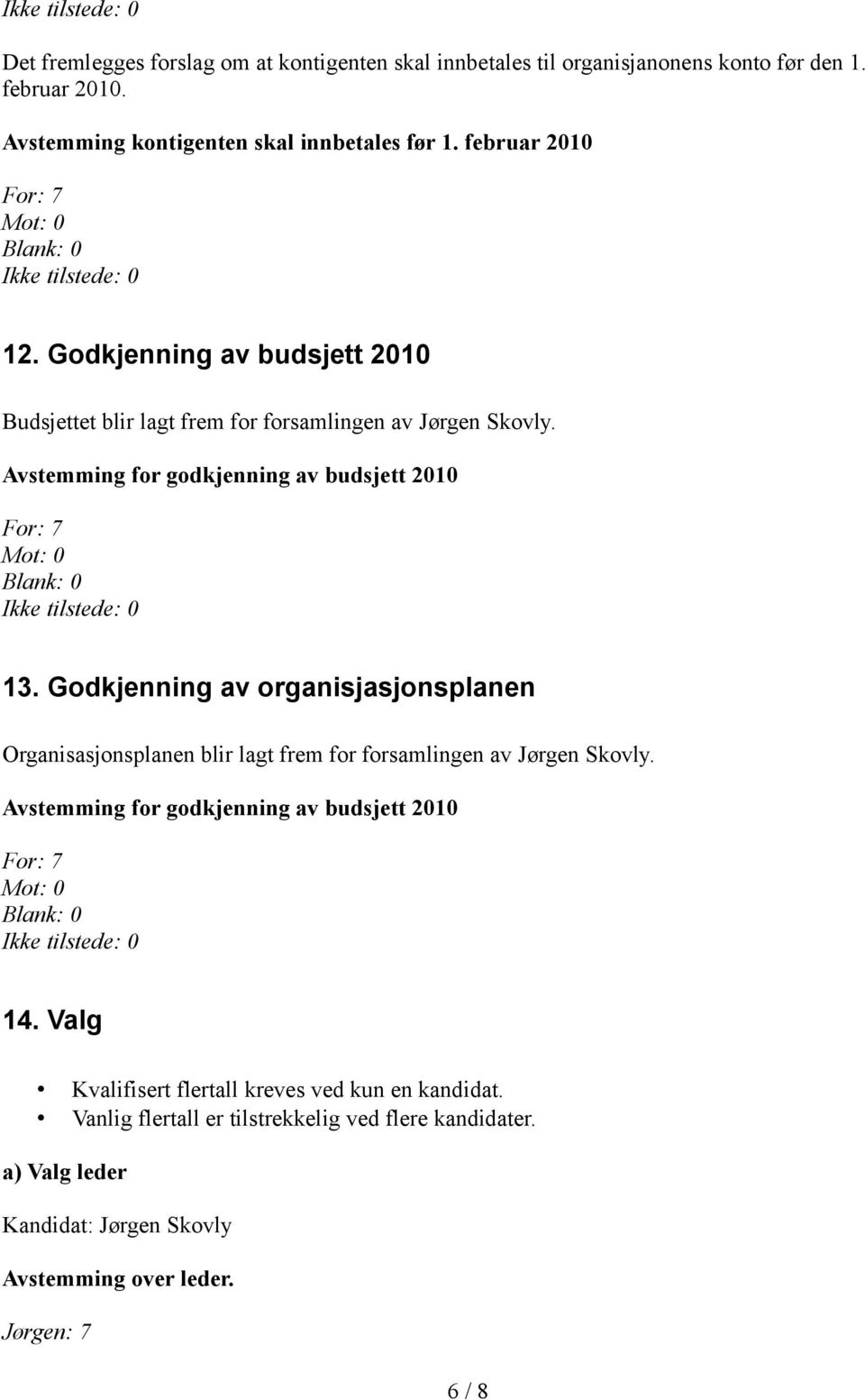 Godkjenning av organisjasjonsplanen Organisasjonsplanen blir lagt frem for forsamlingen av Jørgen Skovly. Avstemming for godkjenning av budsjett 2010 14.