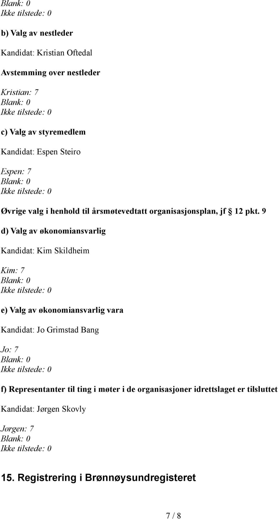 9 d) Valg av økonomiansvarlig Kandidat: Kim Skildheim Kim: 7 e) Valg av økonomiansvarlig vara Kandidat: Jo Grimstad Bang Jo: