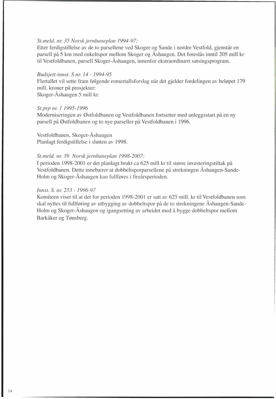 14-1994-95 Flertallet vil sette fram følgende romertallsforslag når det gjelder fordelingen av beløpet 179 mill. kroner på prosjekter: Skoger-Åshaugen 5 mill kr. St.prp nr.